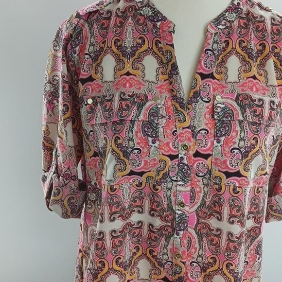 Charter Club Blouse Pink Paisley Retro Roll Tab Sleeve Button Down Size Small - Picture 2 of 5